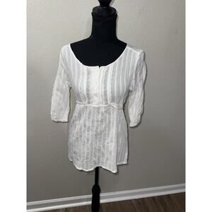 DE.CØDED White Gauze Babydoll Blouse M Medium Empire Waist Lace Metallic Boho